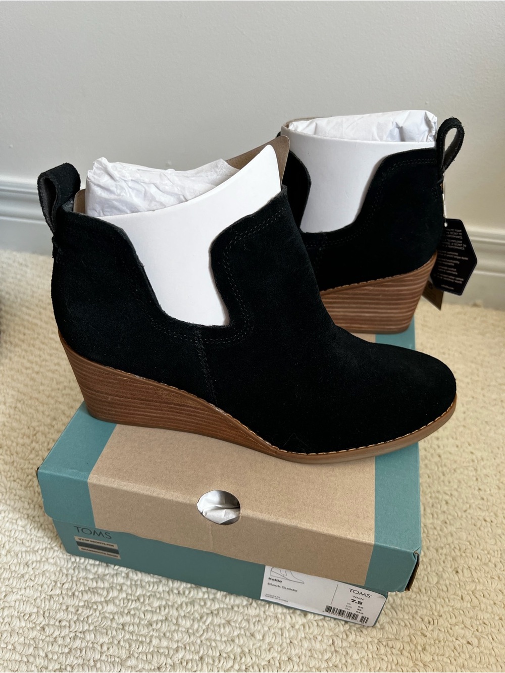 Toms Black Suede Wedge Ankle Booties with Wood-Tone Heel